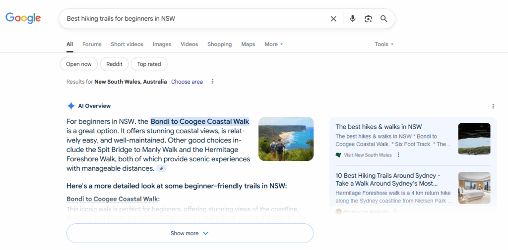 Ai Overview Example searching for Best hiking trails for beginners in NSW